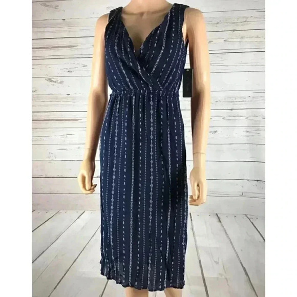 Navy Blue Printed V-neck Surplice Midi Dress NWT XS - Picture 2 of 5